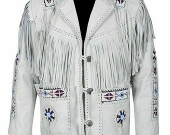 VESTE COWBOY POUR HOMME, style occidental, amérindien, veste blanche personnalisée en cuir pour hommes vintage traditionnelle, franges et perles