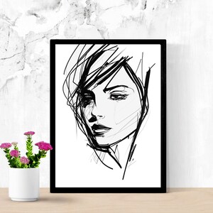 woman sketch portrait, black and white female art modern, minimalistic art elegant face | DIGITAL DOWNLOAD | 3f