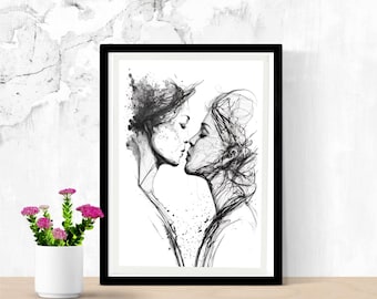 Two Women Kissing lgbt rights Abstract Pen & Ink Drawing - Ideal for High-Resolution Printing on Canvas or Paper - A Perfect Décor Addition!