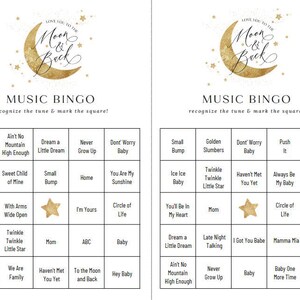May include: A printable music bingo card featuring a gold moon and stars design. The card includes popular children's songs such as "Twinkle Twinkle Little Star", "You Are My Sunshine", and "Baby One More Time".