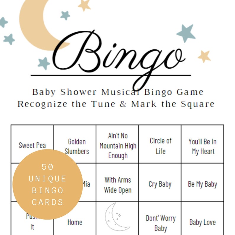 Baby Shower Game, Baby Shower Bingo, Moon and Stars, Baby Shower, Baby