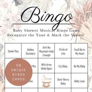 Gra Baby Shower, Baby Bingo, Boho Baby Shower, Baby Shower, Muzyczne Bingo, Playlista Spotify na Baby Shower, Natychmiastowe pobieranie, Karty Bingo zdjęcie 2