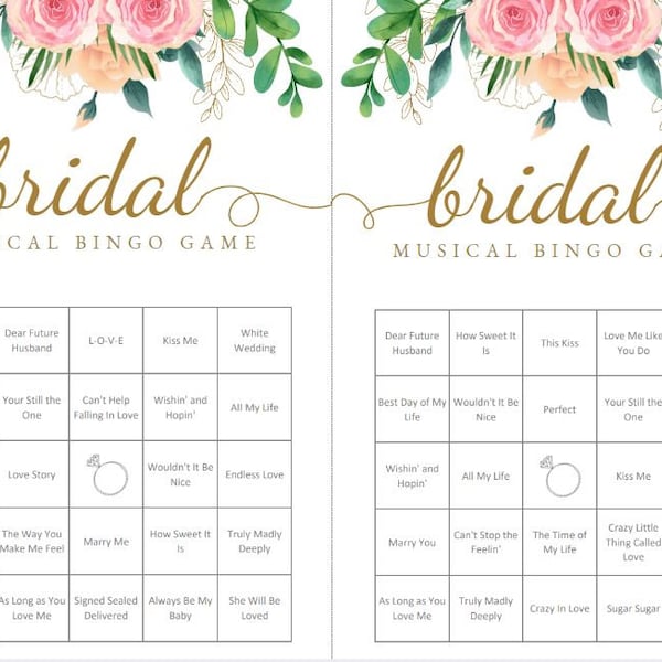 Bingo Game, Music Game, Bridal Shower Bingo, Instant Digital Download, Bridal Shower Games, Music Bingo, Spotify Playlist, Floral