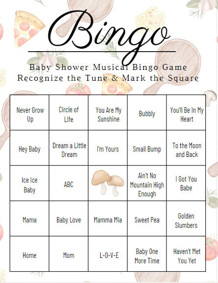 Baby Shower Game, Baby Shower Bingo, Pizza, Baby Shower, Boho Pizza Shower, Musical Bingo, Baby Shower Spotify Playlist, Instant Download