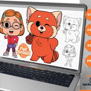 May include: A digital illustration of a red panda, a girl with glasses, and a girl with glasses wearing a jacket. The red panda is waving with its left paw. The girl with glasses is wearing a red jacket and a pink skirt. The girl with glasses wearing a jacket is wearing a blue jacket and a blue skirt. The illustration is on a laptop screen with a white background and a grid pattern. The text "100% Vector Full Details" is in a red circle on the screen.