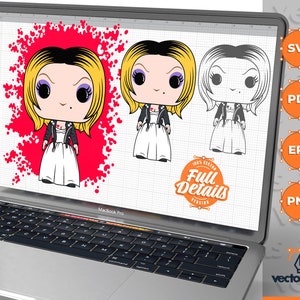 Könnte beinhalten: Eine digitale Illustration einer Comicfigur mit blonden Haaren, die ein weißes Kleid und eine schwarze Lederjacke trägt. Die Figur ist im Pop-Art-Stil mit großen Augen und rotem Hintergrund gehalten.