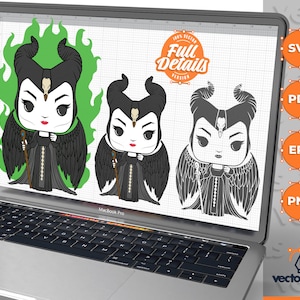 May include: A digital illustration of Maleficent from Disney's Sleeping Beauty. She is depicted in a black and green dress with horns and wings. The image is displayed on a laptop screen.
