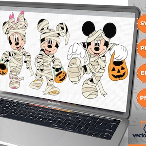 May include: Three cartoon characters dressed as mummies holding trick-or-treat bags. Mickey Mouse and Minnie Mouse are wearing white bandages with black outlines. The third character is a smaller version of Mickey Mouse. All three characters are smiling.
