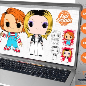 Könnte beinhalten: Digitale Illustration von zwei Horrorfilmfiguren, ein Mädchen mit langen schwarzen Haaren und ein Junge mit roten Haaren, beide mit großen Augen und im Pop-Art-Stil. Das Bild befindet sich auf einem Laptop-Bildschirm mit einem Gitterhintergrund und dem Text "Full Details Version".