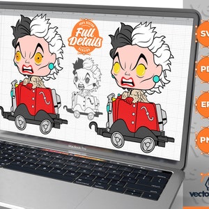 Könnte beinhalten: Eine digitale Illustration von Cruella de Vil aus Disneys 101 Dalmatiner. Sie ist als Zeichentrickfigur mit schwarz-weißer Frisur dargestellt, trägt ein rotes Kleid und fährt ein rot-schwarzes Fahrzeug. Das Bild wird auf einem Laptop-Bildschirm angezeigt.