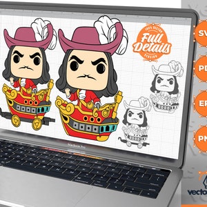 Könnte beinhalten: Eine digitale Illustration von Captain Hook aus Peter Pan in einem roten und goldenen Piratenschiff. Die Illustration ist im Cartoon-Stil gehalten und befindet sich auf einem Laptop-Bildschirm. Der Text "Full Details" ist auf dem Bildschirm sichtbar.