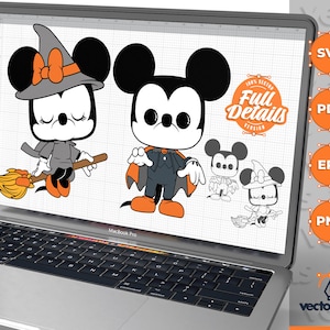 Könnte beinhalten: Eine digitale Illustration von Mickey Mouse und Minnie Mouse in Halloween-Kostümen. Mickey trägt ein schwarzes Vampir-Kostüm mit einem roten Umhang und Minnie trägt ein Hexen-Kostüm mit einem spitzen Hut und einem Besen.