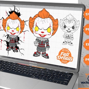 Könnte beinhalten: Digitale Illustration eines rot-weißen Clowns mit orangefarbenem Haar, einer roten Nase und einem weißen Kragen. Der Charakter trägt ein schwarz-rotes Outfit mit einem weißen Hemd. Die Illustration befindet sich auf einem Laptop-Bildschirm mit weißem Hintergrund und einem Rastermuster. Das Bild enthält auch den Text "Full Details" in einem Kreis.