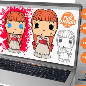 May include: A digital illustration of a red-haired doll with blue eyes and a red dress. The doll is in a pop art style and is surrounded by red paint splatters. The image is on a laptop screen with the text "Full Details" in a circle.