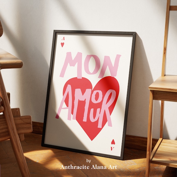 Mon Amour Art Print, Valentine's Day Gallery Wall, Romantic Wall Art, Aesthetic Room Decor, Heart Art Prints, Love Quote Posters Home decor