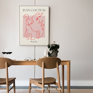 Jean Cocteau Orpheus poster wall art, Jean Cocteau Line Art Print, Red Pink Jean Cocteau Print, Jean Cocteau affiche, Retro wall art digital