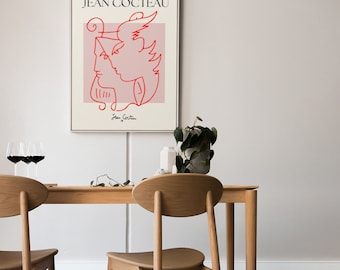 Jean Cocteau Orpheus poster wall art, Jean Cocteau Line Art Print, Red Pink Jean Cocteau Print, Jean Cocteau affiche, Retro wall art digital