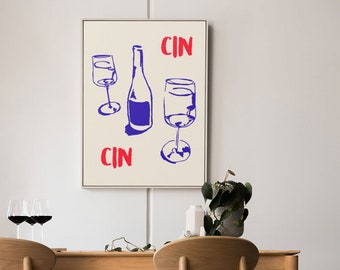 Wine illustration Art Print, Kitchen poster, Wine Cin Cin Food Print, Dining room Art, Aesthetic Wall Art, Retro drink Digital Print