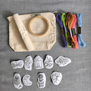 Embroidery Kit for Beginners with Pouch – Stick and Stitch Kit with 10 Designs, Threads, Hoop, Needle, Fabric & Tutorials | DIY Gift Idea