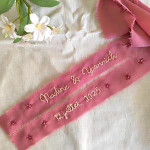 Custom Hand‑Embroidered Chiffon Wedding Ribbon – Personalized Names, Initials & Dates – Soft Bouquet Wrap Keepsake