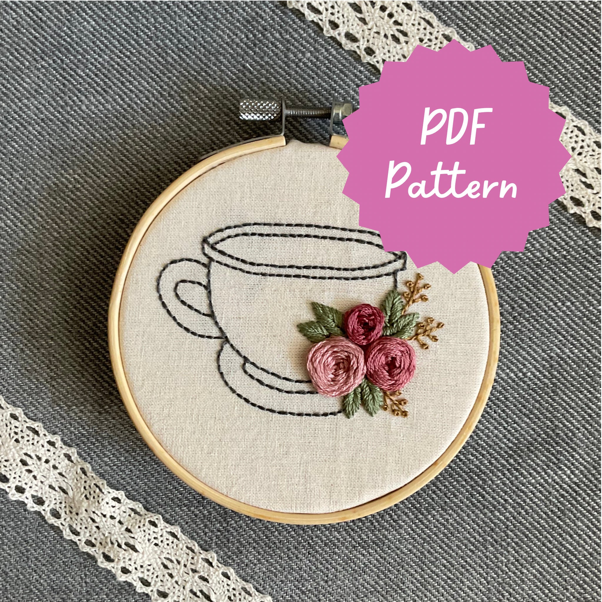 Rose Tea - Learn to Stitch Beginner Embroidery Pattern - PDF Digital ...