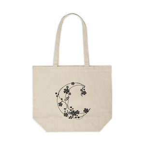 Simple Floral Vine and Moon Bag. Canvas Shopping Tote