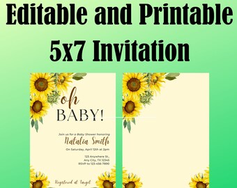 Sunflower Baby Shower Invitation Customizable Editable & Printable Invitation Templates, Baby Shower Invitation