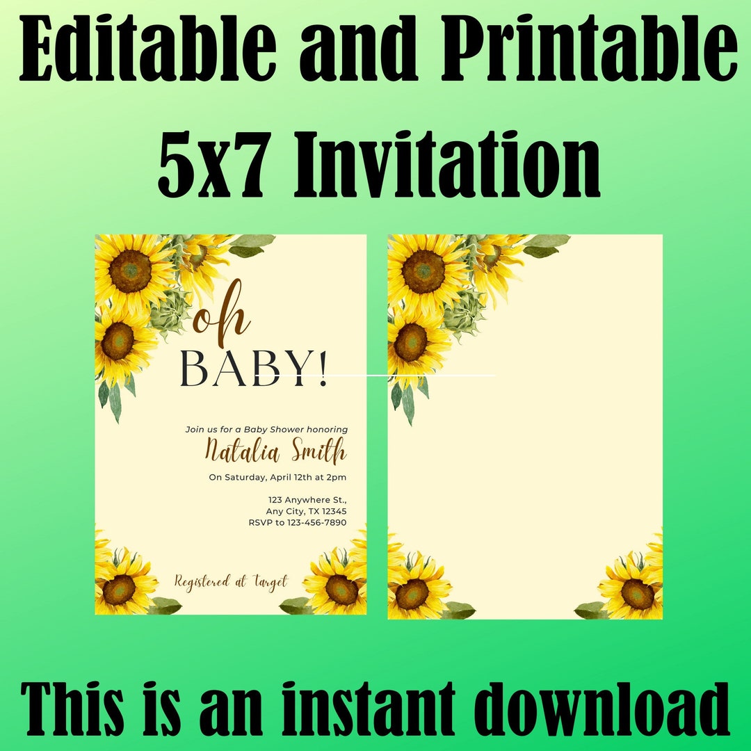 Sunflower Baby Shower Invitation Customizable Editable & Printable