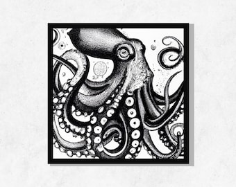 Black Ink Octopus Drawing, 300DPI, Poster Print Digital Download