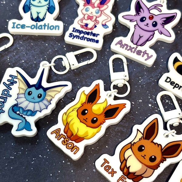 Double-sided Questionable Eeveelutions Acrylic Keychain Charm | Cute and Funny Kanto Fanart (Shiny Vaporeon, Flareon, Jolteon, Eevee)