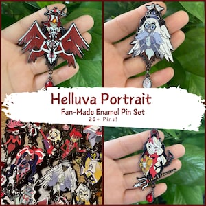 Può includere: Un set di spille smaltate con personaggi di Helluva Boss. Le spille presentano disegni dettagliati con colori vivaci, tra cui rosso, bianco e nero. L'immagine include il testo "Helluva Portrait" e "Fan-Made Enamel Pin Set 20+ Pins!"