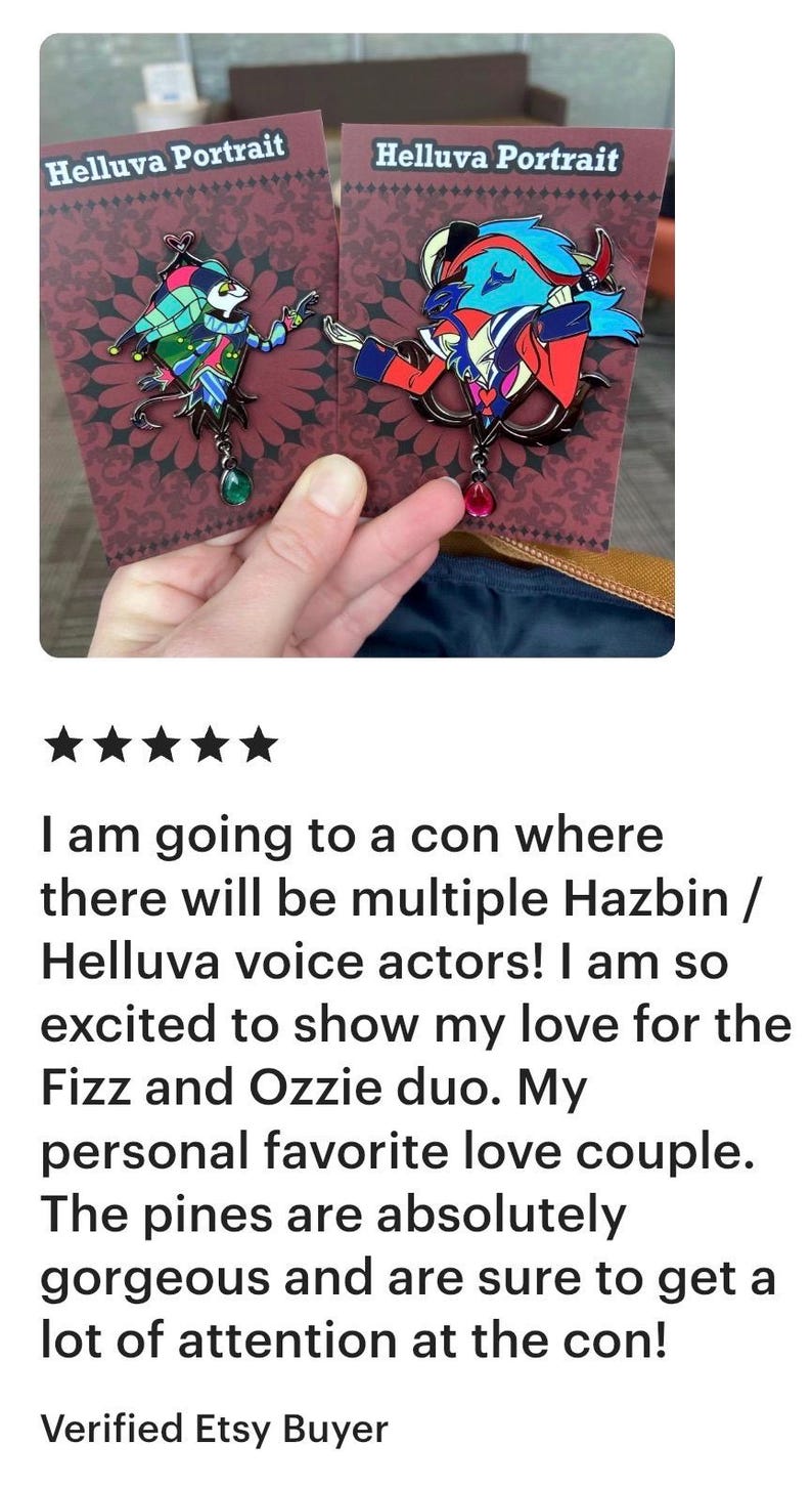 Épingle en émail pour portrait de Fizzaroli et Asmodée | Dessin de fan de Helluva Boss (Fizz et Ozzie) image 3