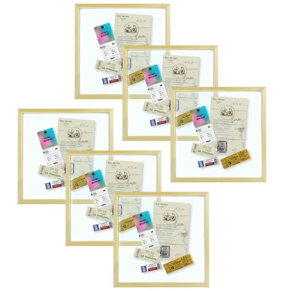 Golden State Art: Deluxe 8x8 Gold Floating Picture Frame Set (Pack of 6) - Display Photos on Wall/Table - Clear Glass, Aluminum Frame