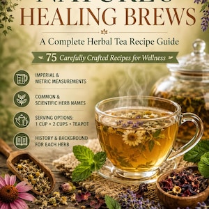 Peut inclure: Couverture de livre "Nature's Healing Brews", un guide de recettes de tisanes. L'image montre une tasse de thé avec des fleurs, des ingrédients et une théière. Le guide propose 75 recettes, avec des mesures métriques, des noms d'herbes et des options de service.