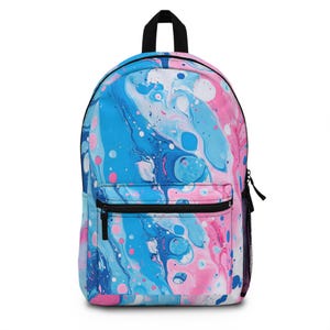 Pink and Blue Spatter Swirl Art Inspired Backpack, Hiking Bag, School Bookbag, Travel Daypack, Gym Rucksack, Unique Backpack, Trendy