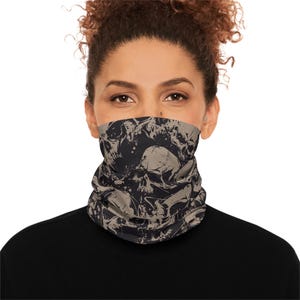 Skull Lightweight Neck Gaiter, Biker Face Mask, Gothic Bandana, Halloween Headwear, Skeleton Scarf