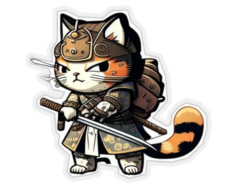 Kiss-Cut Stickers | Sticker | Cute Samurai Cat Sticker | Cartoon Cat | Cat | Gift For Her | Gift For Him |2 Types And 4 Sizes To Choose From