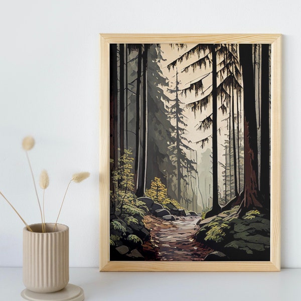 Pacific Northwest Forest Muted Colors Wall Art | Forest Hiking Trail Painting | PRINTABLE Digital Download | 014