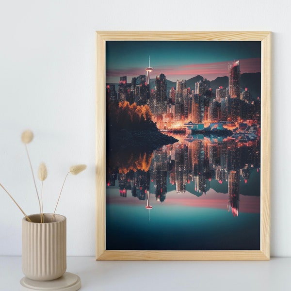 Vancouver Skyline Sunset Digital Painting | Vancouver Canada Cityscape Painting | PRINTABLE Digital Download | 015