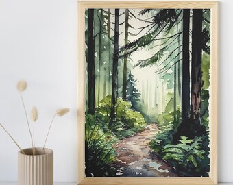 Pacific Northwest Forest Watercolor Wall Art | Forest Hiking Trail Watercolor Painting | PRINTABLE Digital Download | 106