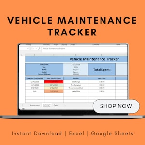 Modello Excel per monitoraggio della manutenzione del veicolo, registro di manutenzione dell'auto, raccoglitore per record di manutenzione dell'auto, lista di controllo della manutenzione, monitoraggio delle riparazioni auto