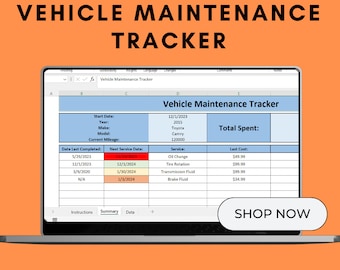 Voertuigonderhoudstracker: Excel-sjabloon, autoservicelogboek (digitale download)