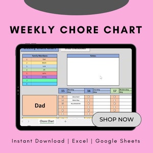 Family Chore Chart Excel Spreadsheet Template, Cleaning List Template, Weekly Family Chore Chart, Daily Chore Chart For Kids