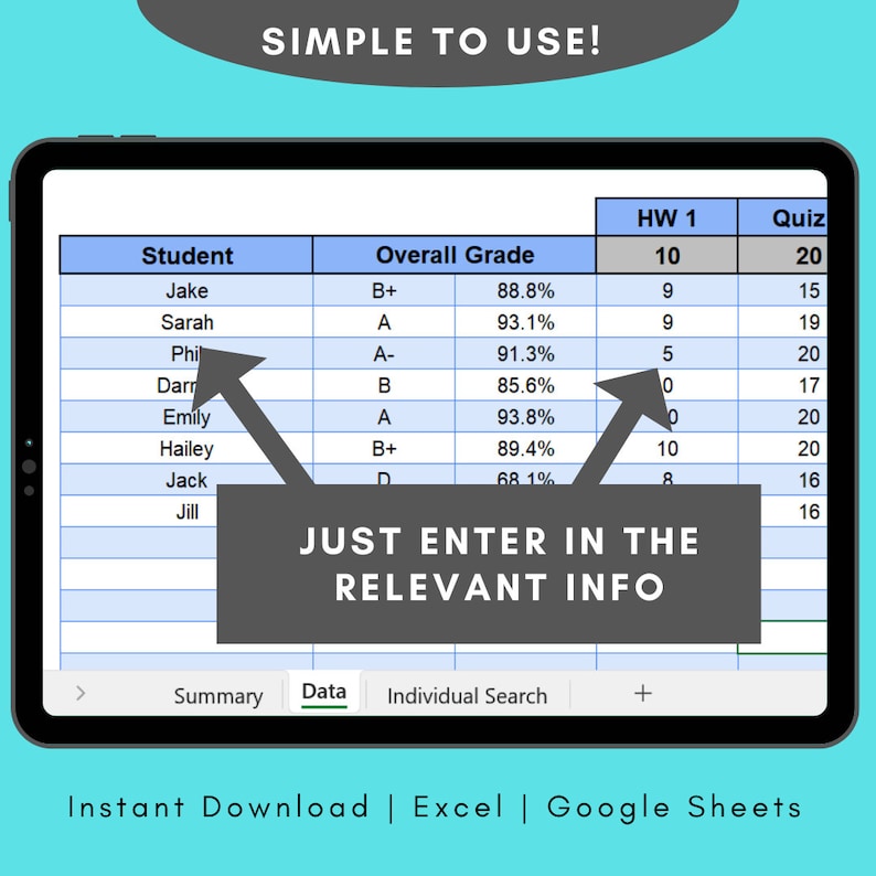 Student Gradebook Template for Excel, Teacher Gradebook Spreadsheet