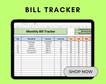 Monthly Bill Tracker: Excel Spreadsheet, Bill Payment Schedule (Digital Download)