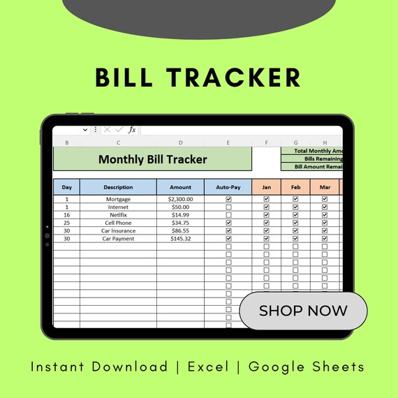 Monthly Bill Tracker Excel Spreadsheet, Bill Payment Schedule, Bill Calendar,  Bill Payment Log, Monthly Expense Tracker, Bill Planner - Etsy