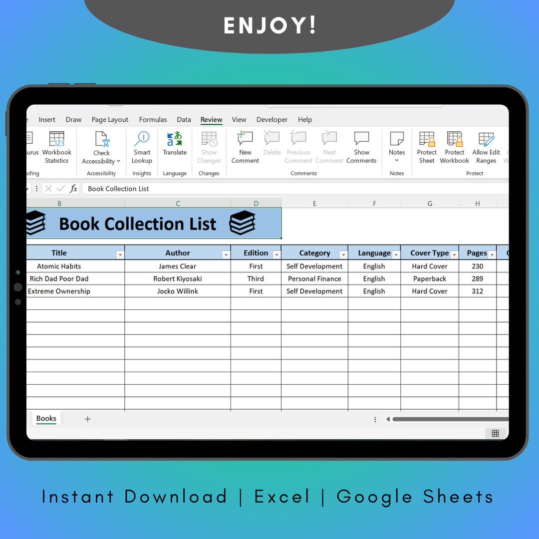 Book Collection List Excel Spreadsheet Template, Book Tracker Template ...