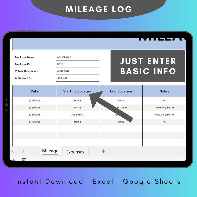 Mileage Tracker Excel Template for Expenses Log Mileage Calculator