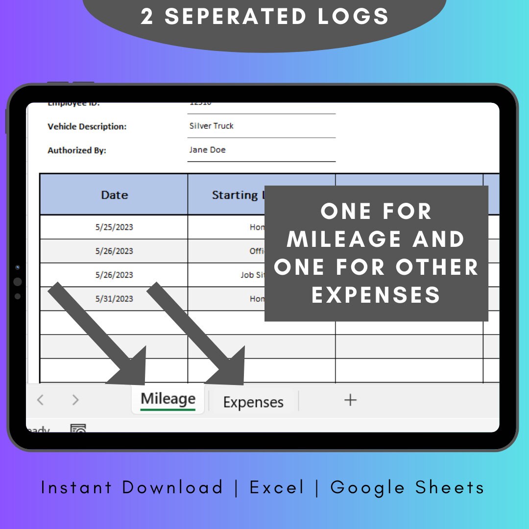 Mileage Tracker Excel Template for Expenses Log Mileage Calculator