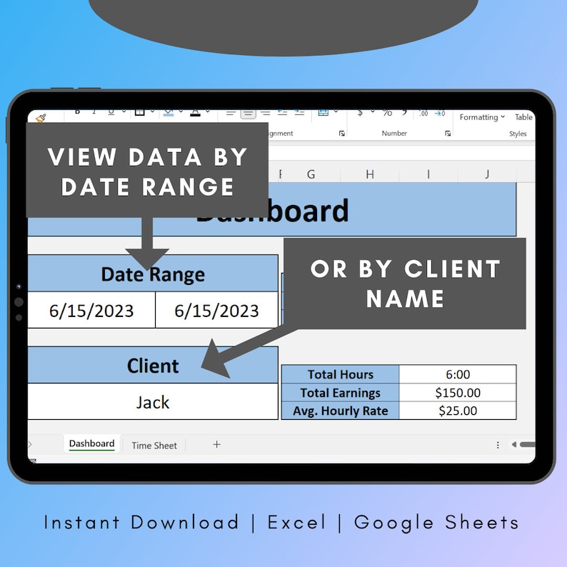 Freelance Time Tracker: Excel Template With Dashboard Etsy
